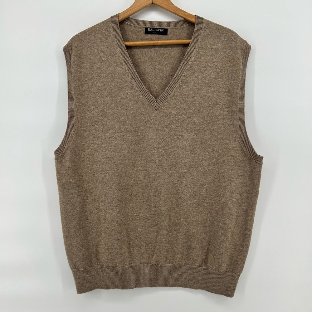 Kallspin Mens V Neck Sleeveless Sweater Vest Cashmere Wool Blend Tan‎ XL